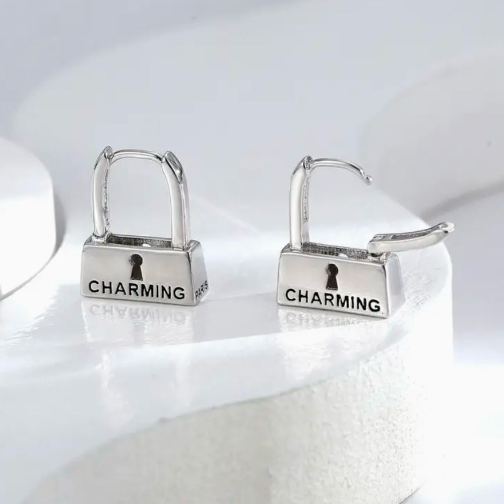 Naked Hanger Lock Shaped Silver Earrings